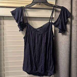 Aeropostale Navy Crochet Trim Cold Shoulder Boho Top | Size S